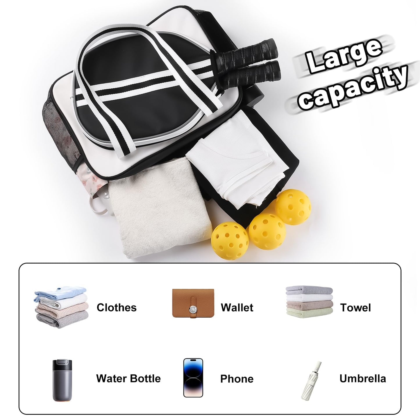 SPOENGRU PU Leather Pickleball Paddle Bag Small Black Fashion Tote