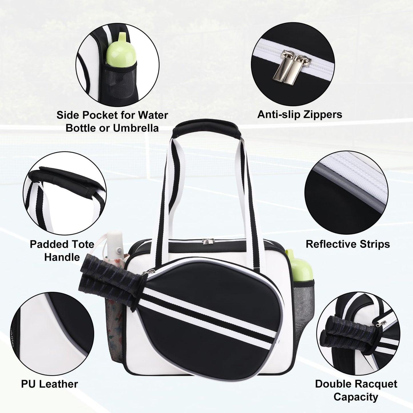 SPOENGRU PU Leather Pickleball Paddle Bag Small Black Fashion Tote