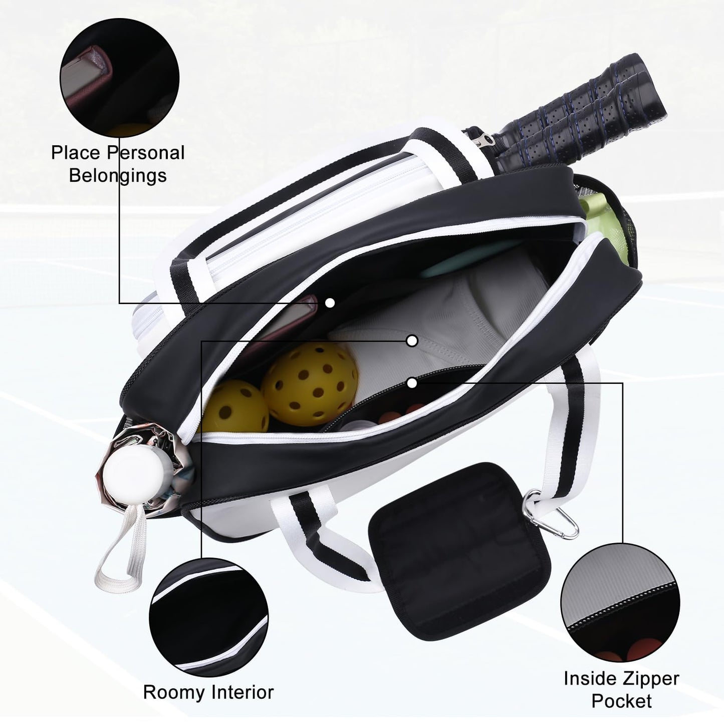 SPOENGRU PU Leather Pickleball Paddle Bag Small Black Fashion Tote